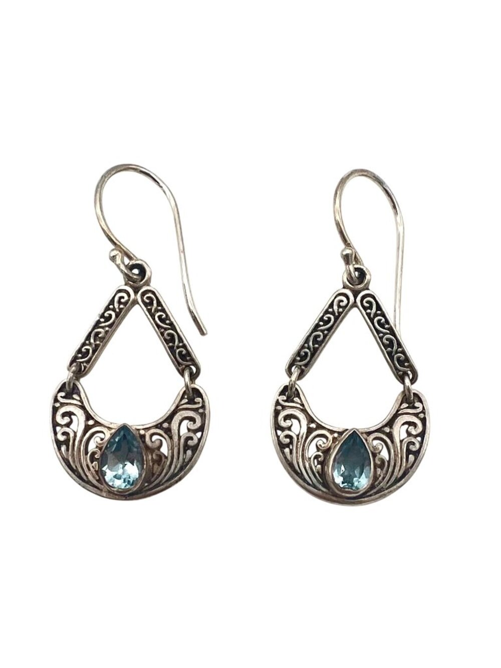 Vintage Sterling Silver Teardrop Earrings With Blue Topaz Gemstone Bali
